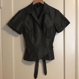 Black silk wrap top with white windowpane check